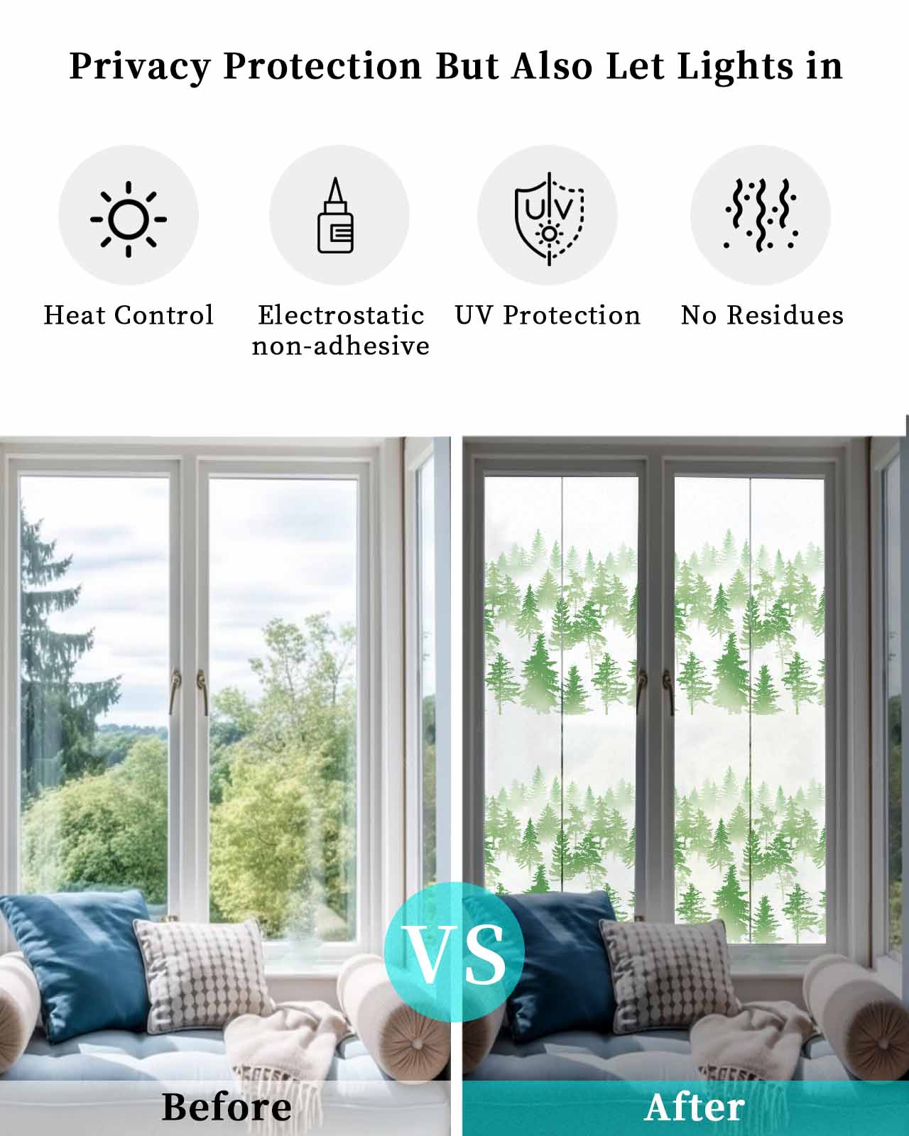 Window Privacy Film, Green Forest UV Sun Blocking Window Tint Film Heat Control One Way Blackout Window Film, Modern Abstract Silhouette Art Non Adhesive Static Cling Window Sticker 29.5x118 In