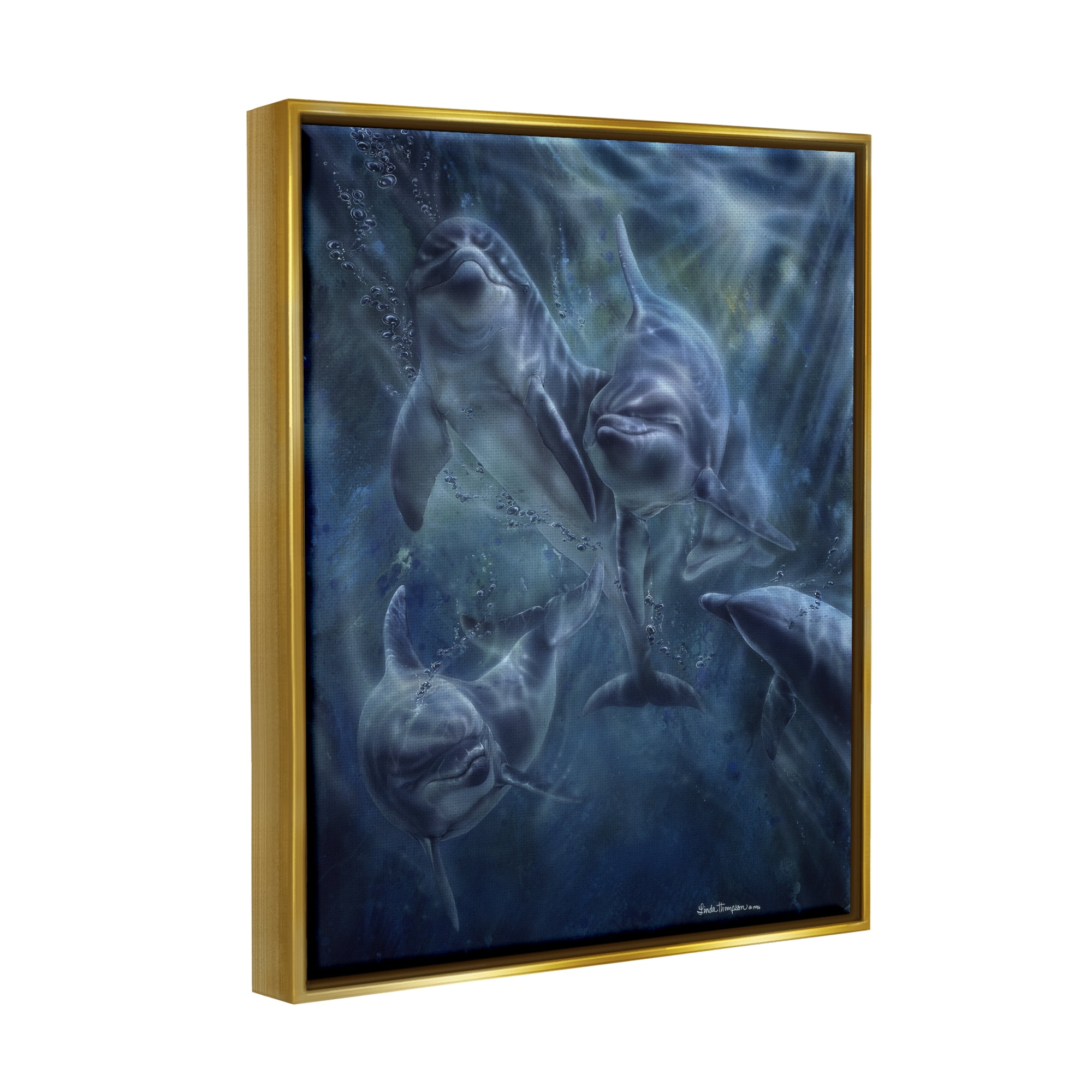 Stupell Industries Aquatic Dolphins Underwater Coastal Painting Gold Floater Framed Art Print Wall Art