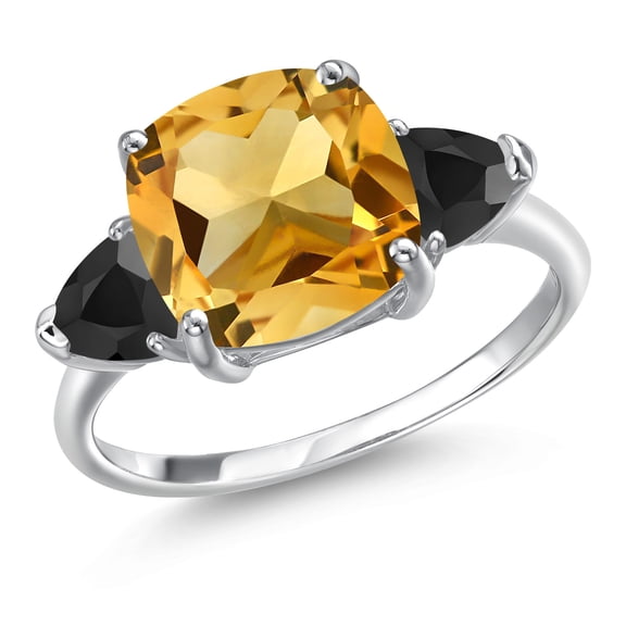 Gem Stone King 10K White Gold Yellow Citrine and Black Onyx 3-Stone Engagement Ring for Women | 4.32 Cttw | Cushion 10MM and Trillion 5MM | Gemstone Birthstone (Size 6)