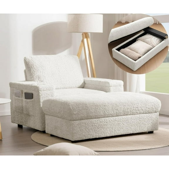 Oversized Chaise Lounge Chair Indoor with Storage Ottoman & Armrest, Cup Holders, Faux Rabbit Fur Upholstered Sleeper Chair, Deep Seat Reading Couch Sofa Bed for Living Room, Beige