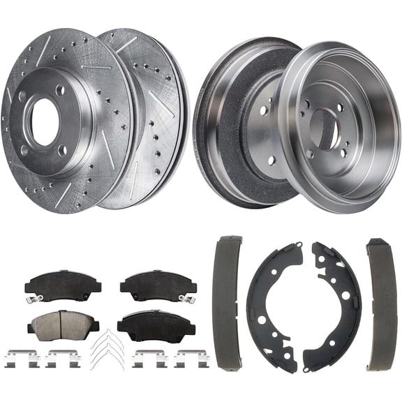 Detroit Axle - Front Drilled and Slotted Brake Rotors Ceramic Pads Rear Brake Drums Shoes Replacement for 2009-2013 Honda Fit: 10.32'' inch Front Rotor