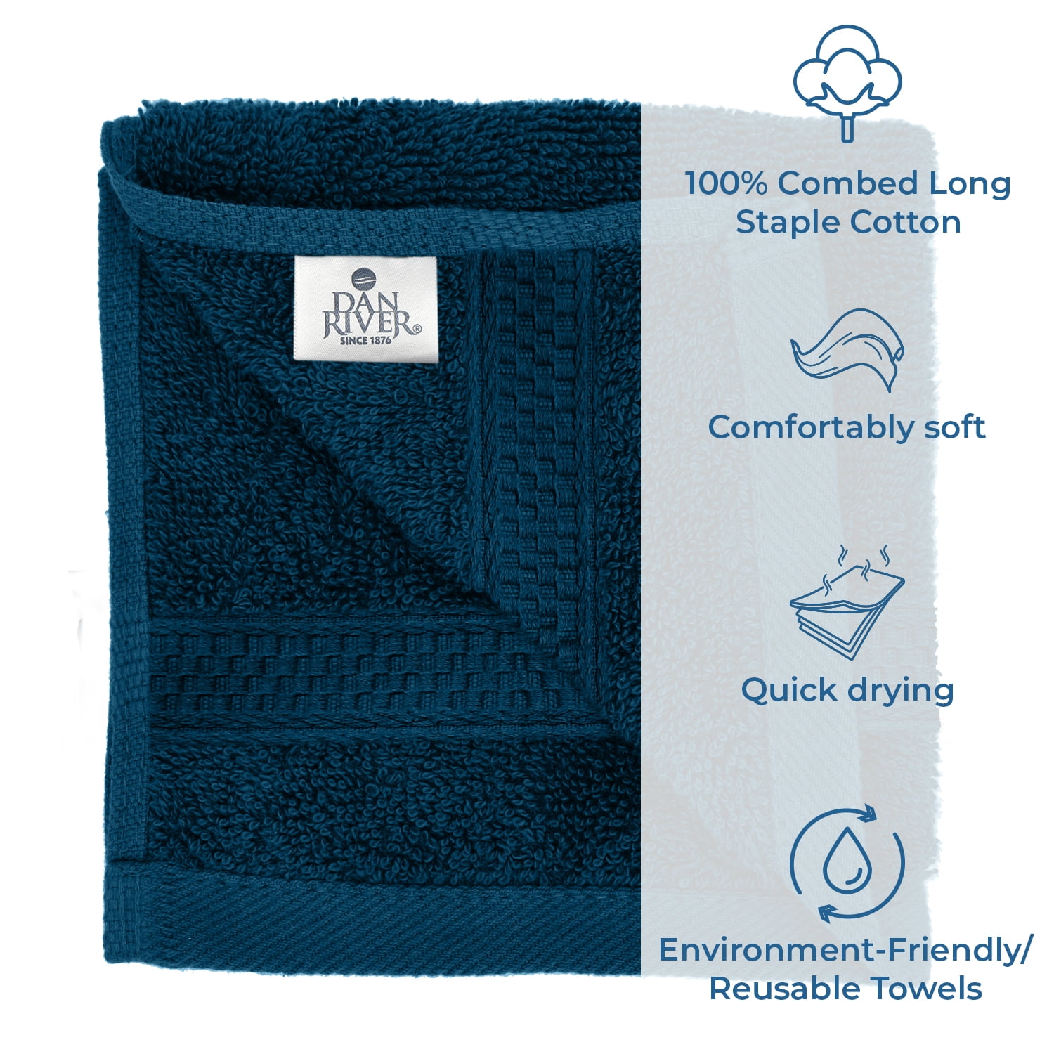Dan River Washcloth for Face 12 pack Soft Absorbent and Quick Drying Durable Cotton Face Towel - Blue