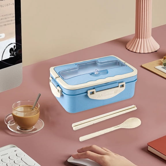 Gecau Lunch Box Can Be Heated Household Students Sealed Lunch Box Cutlery Spoon Preservation Box Light blue Novelty