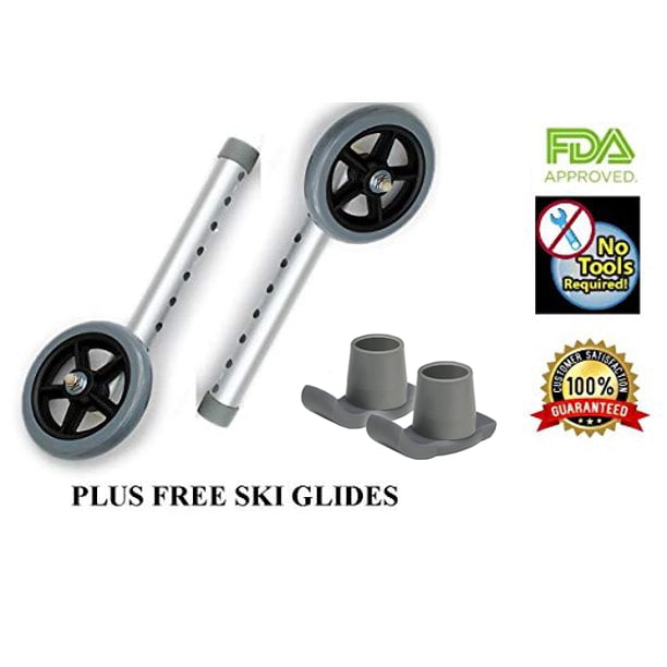 Walker 5 Inch Wheels and Walker Glides by Healthline, Universal Healthline, Lumex, Drive Medical Walker Wheels Replacement Parts - Walker Ski Glides and 5 Inch Walker Wheels for Walkers Seniors