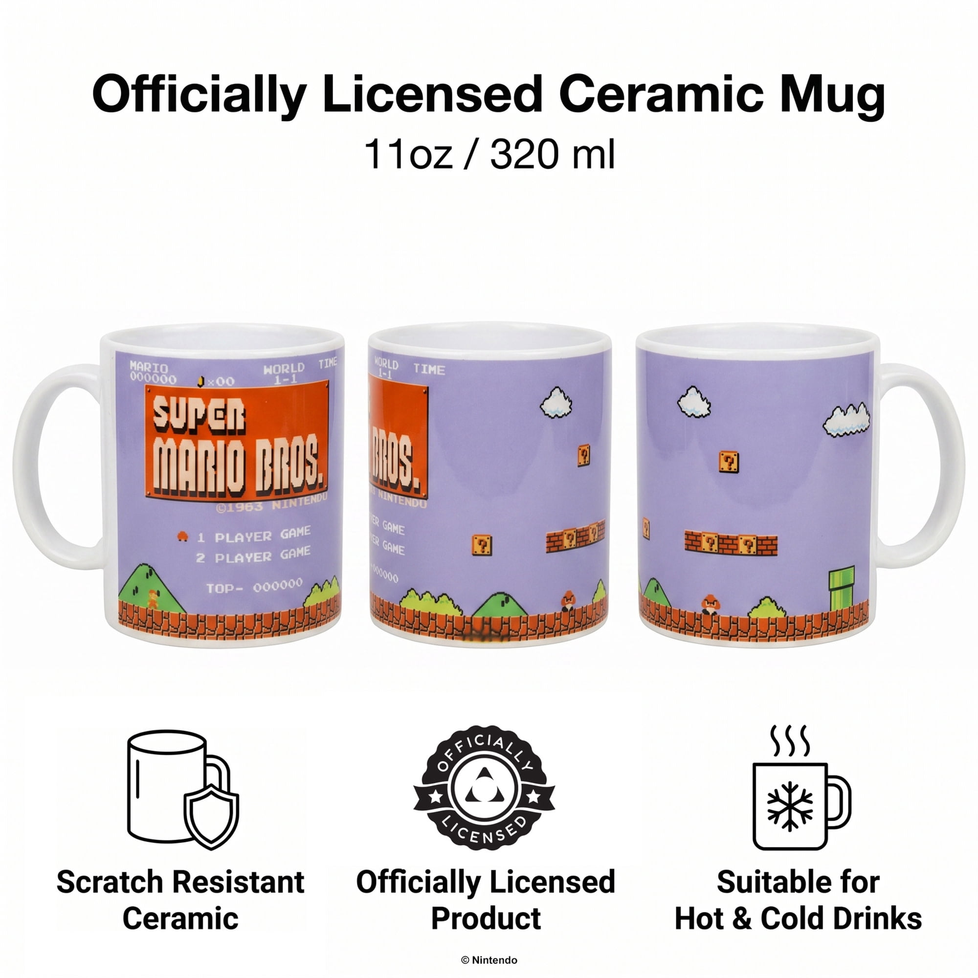 Pyramid America: Super Mario Bros: Retro Title - 11oz Ceramic Mug - Coffee-Tea Cup, Microwave-Dishwasher Safe, Video Game Fan Collectible, Licensed