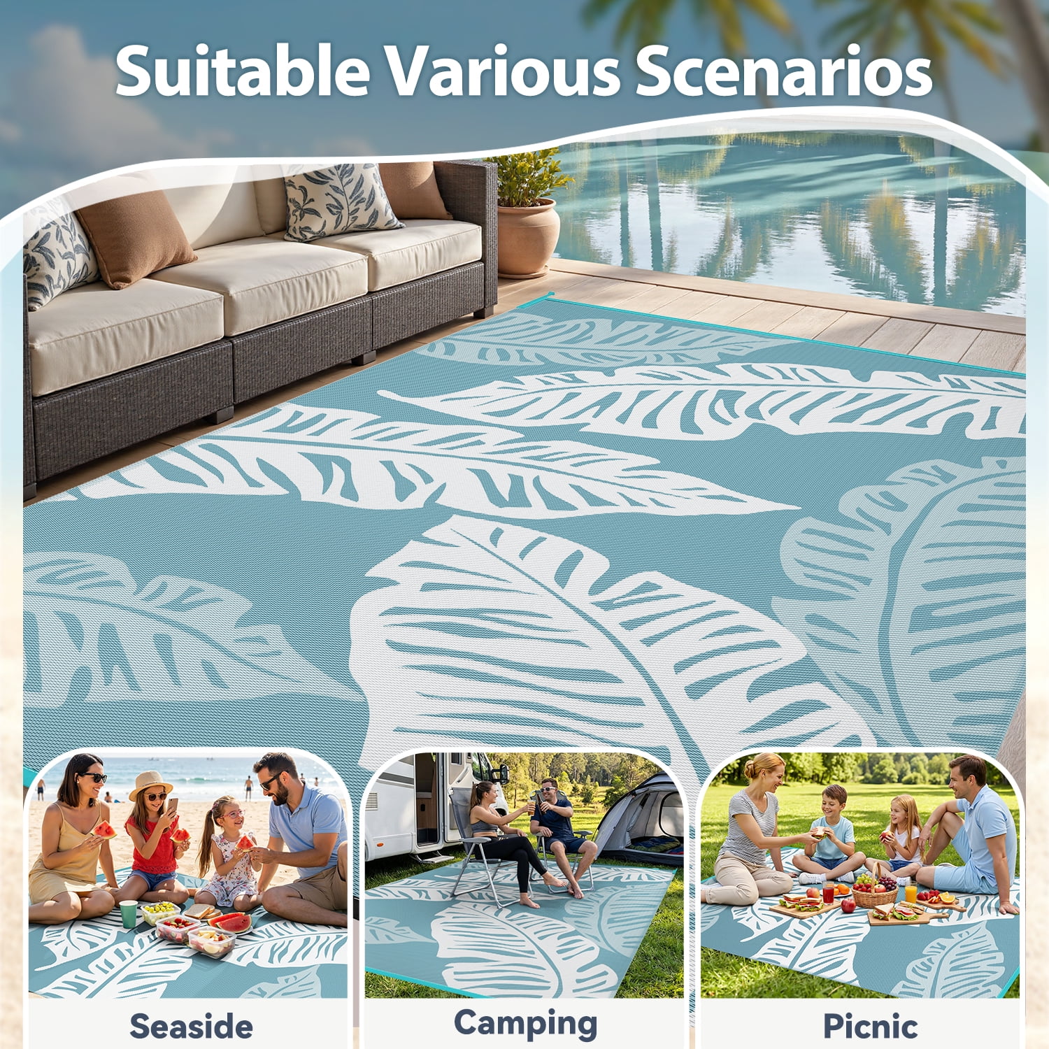 VUNATE Outdoor Rug Carpet 6'x9' Waterproof Reversible Patio Rug Portable Indoor Outdoor Rug Plastic Straw Rug for Beach RV Camping Garden Picnic Deck Backyard Tropical Porch Decor Blue and White