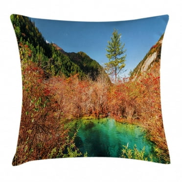 Nature Decor Throw Pillow Cushion Cover, Idyllic Fall Landscape with a Creek among Forest in National Park Valley Art, Decorative Square Accent Pillow Case, 24 X 24 Inches, Green Amber, by Ambesonne