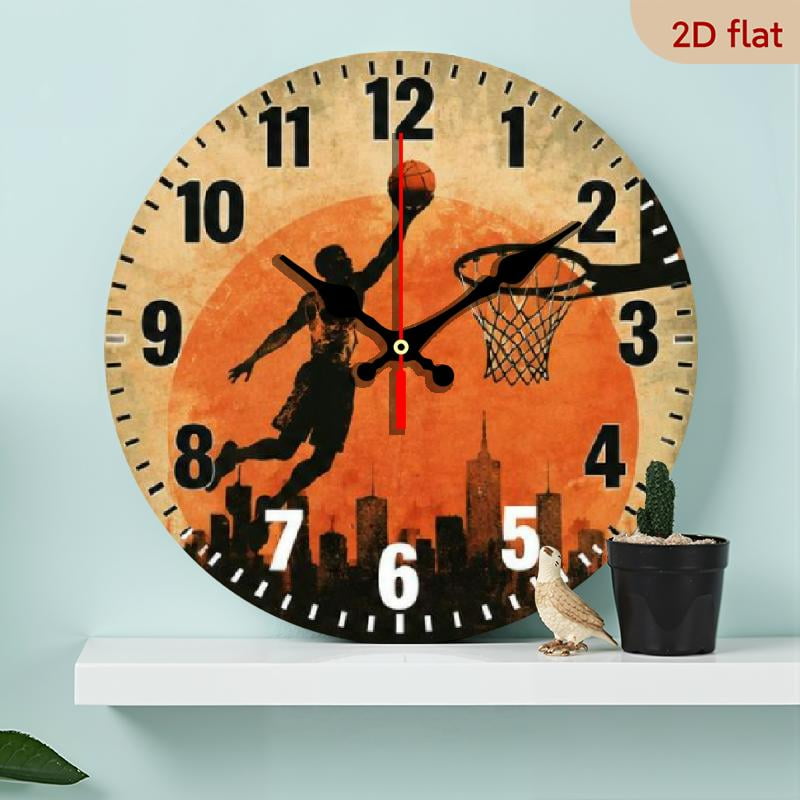 10-inch Wooden Basketball Hoop Wall Clock - Silent Movement Sports Decor for Enthusiasts, Battery Operated (AA Batteries Not Included)