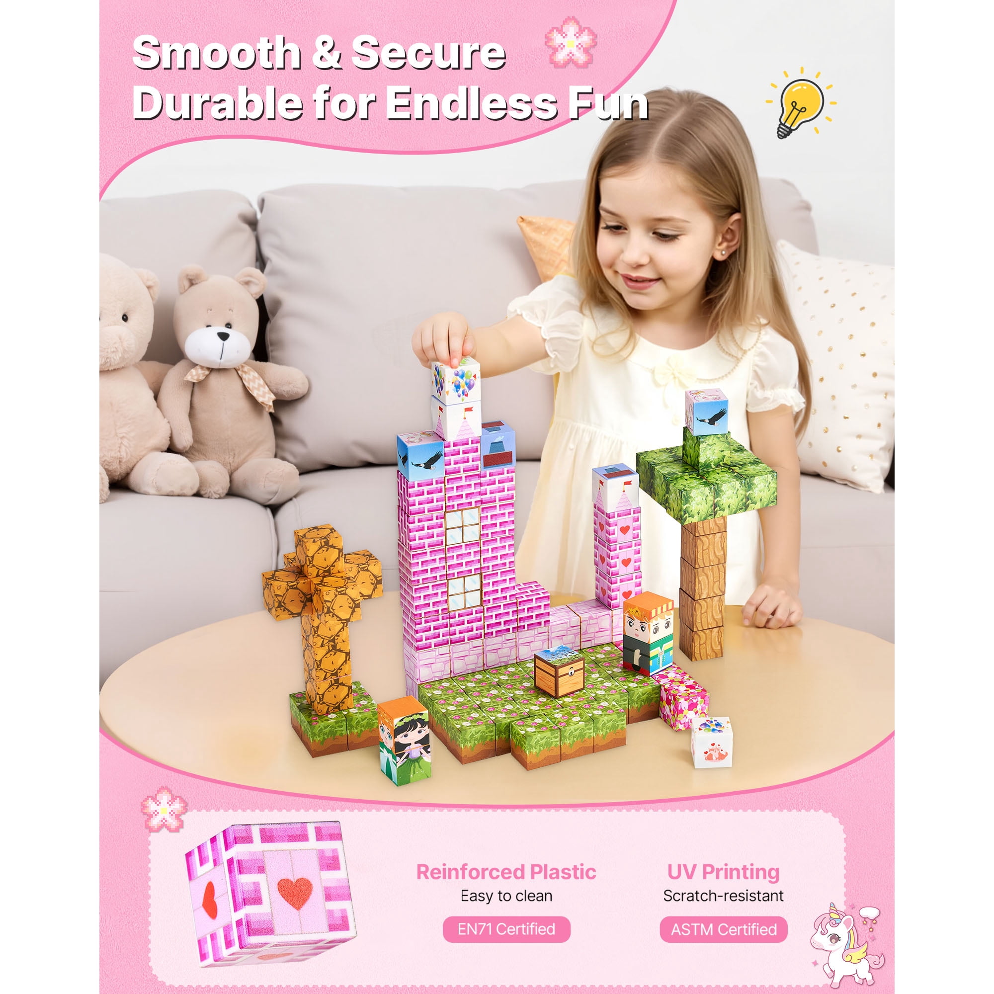 KFFKFF Magnetic Blocks, 100 PCS Princess Castle Set, Magnetic Building Cubes for Kids, STEM Montessori Sensory Toys for Holiday or Birthday Gift, Construction Stacking Toy for Children Aged 3 and Up