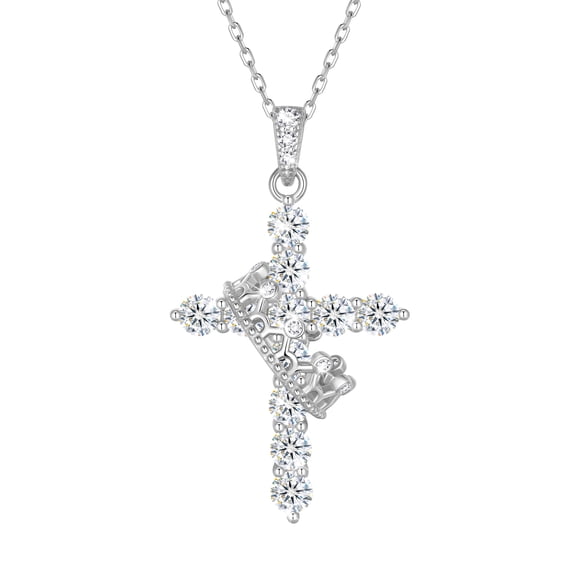 Beautlace Cross D Color VVS1 Moissanite Necklace,925 Sterling Silver Rotated Crown Round Cut Simulated Diamond Pendant Necklace Jewelry Gift for Women Wife Lover