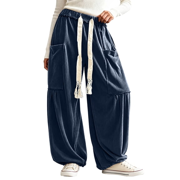 WULMLEO Women's Baggy Boho Harem Pants Drawstring Waist Wide Leg Sweatpants Casual Trousers Joggers with Pockets Navy XL