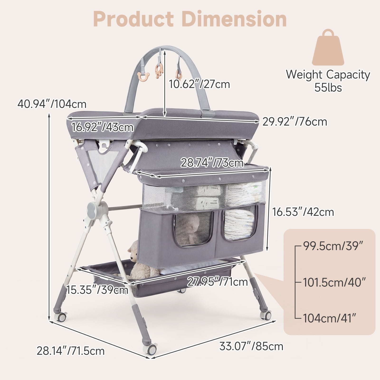 INFANS Portable Baby Changing Table with Wheels, Foldable Diaper Changing Station with Adjustable Heights, Large Organizer Storage for Newborn Infant