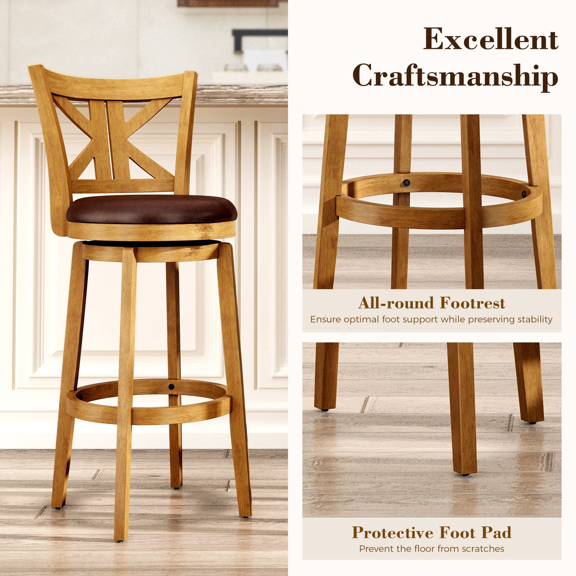MF Studio 30" Bar Stool with Back Set of 6, Wood Swivel Bar Height Stool with K-Shaped Back & Extra Large Seat for Kitchen, Pub, Teak Color