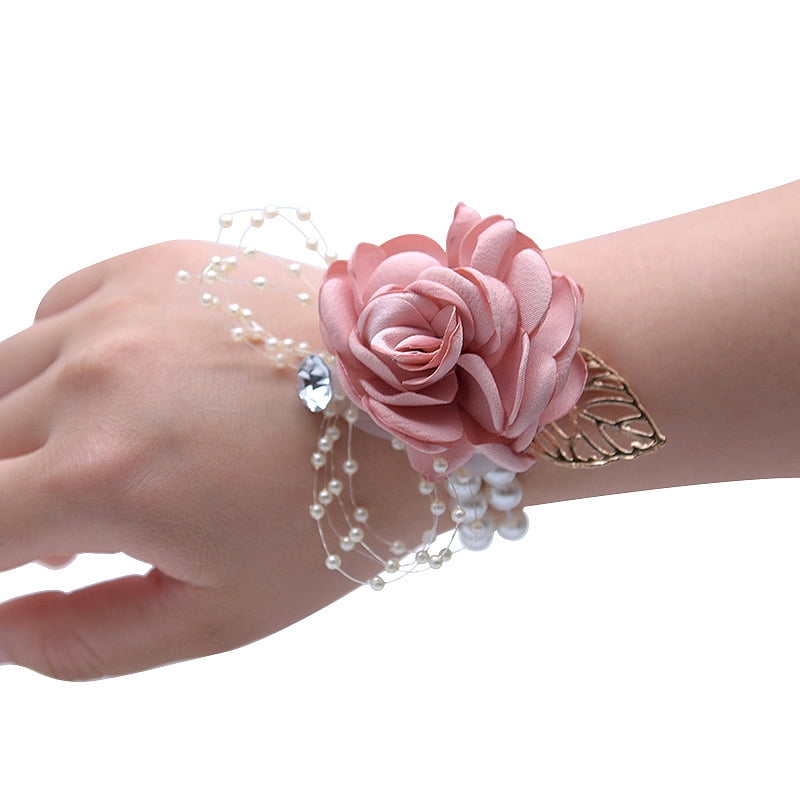 Pearl diamante wrist & pin on rose flowers corsage wedding prom party bridesmaid 
