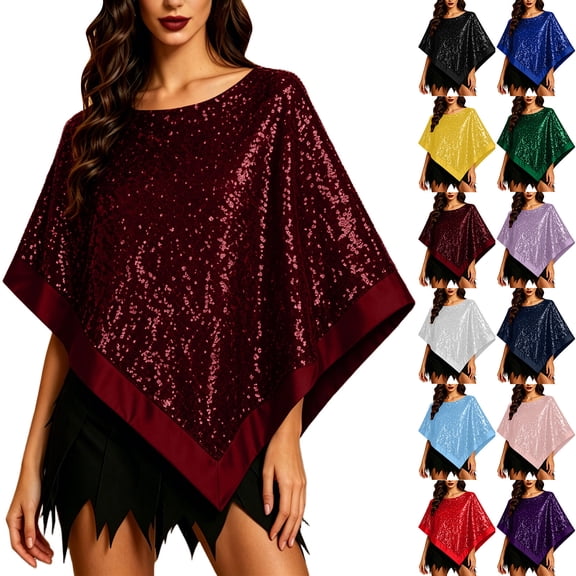 Fewfanhot Sequin Satin Trim Triangle Poncho Shawl, Sparkly Loose Cape Wrap for Women Evening Themed Party Wedding