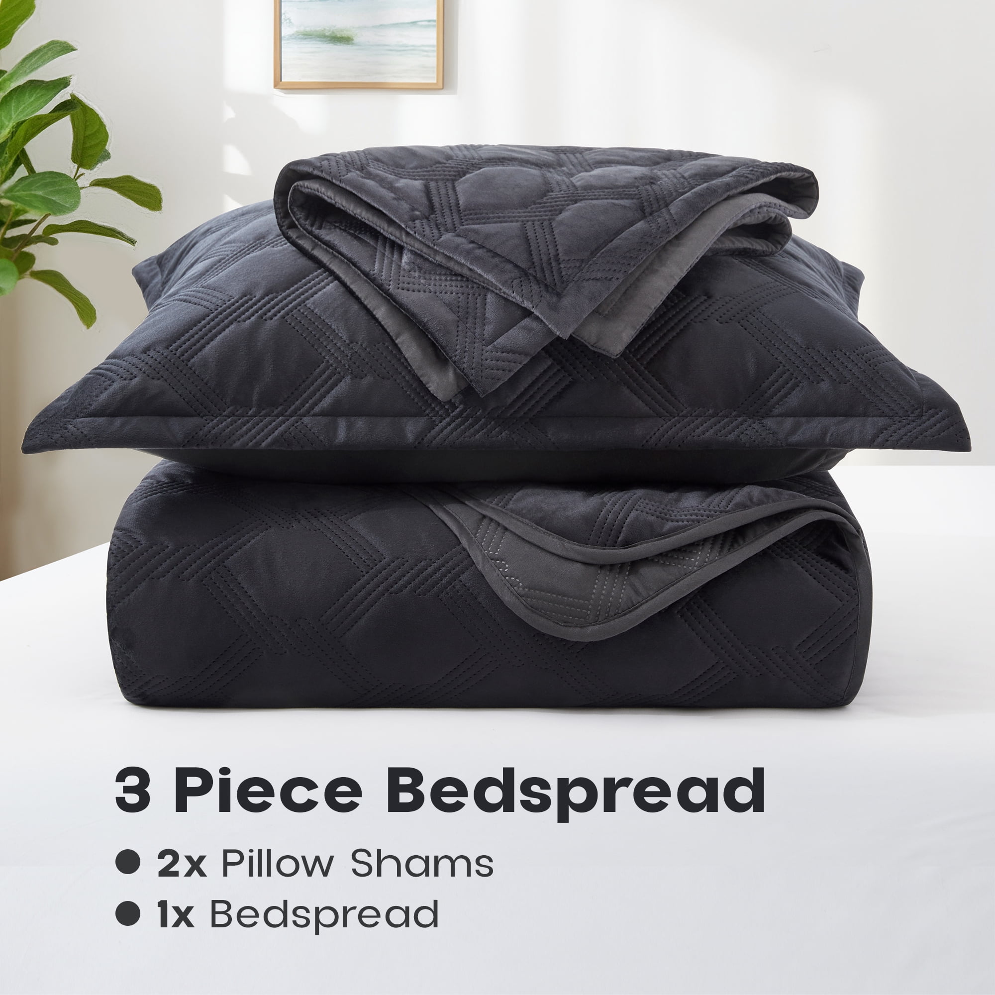 Ameha Velvet Bedspread King Size 3 Piece Set Black Geometric Quilt Ultra Soft Lightweight Reversible Washable Bedding 350GSM