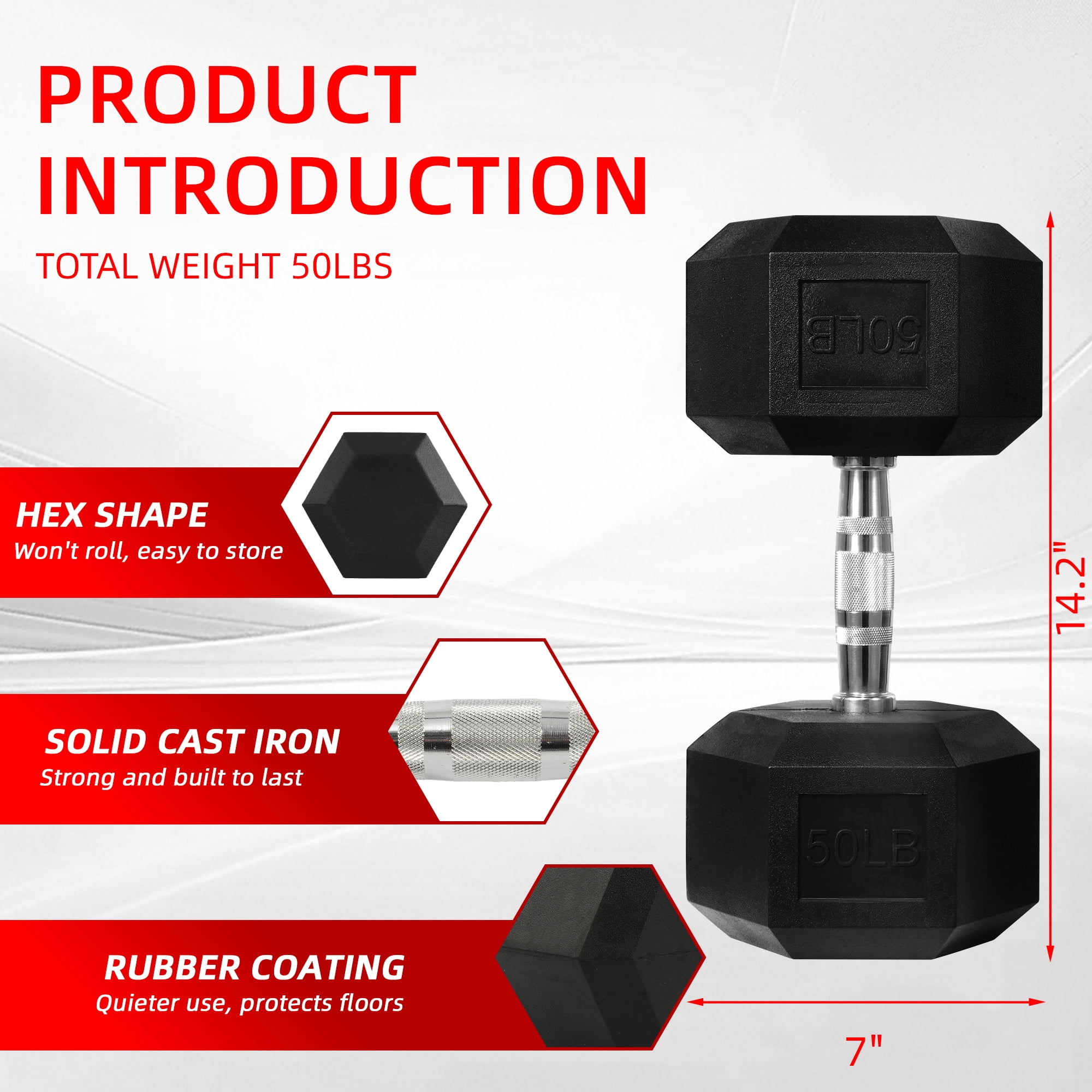 BalanceFrom Rubber Encased Hex Dumbbell, 50LBs, Single