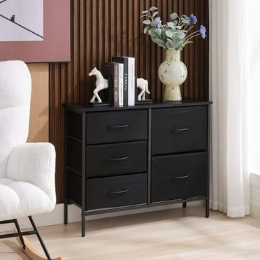 JEREMY 32" Wide Wooden Accent Cabinet with Wood Top and 5 Fabric Drawers Black