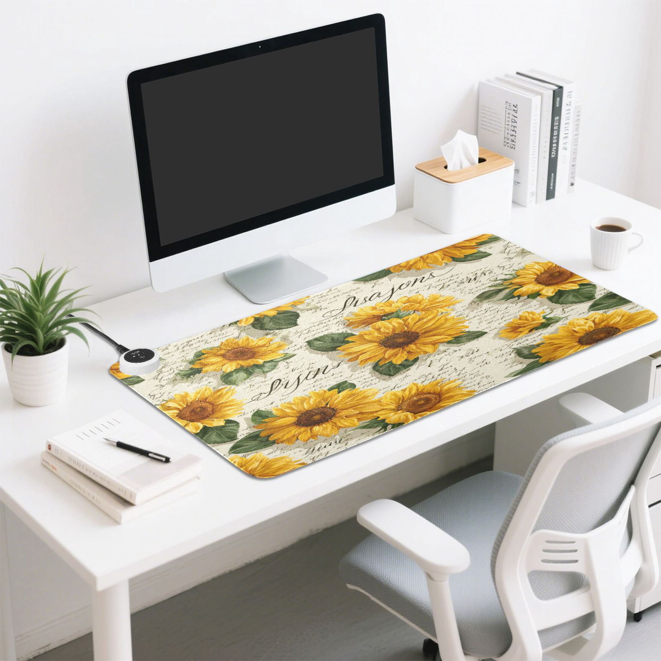 Large Heated Desk Mat Mouse Pad 31.5"x13"PU Leather Graphene Heating Desk Warmer with 3 Temperature Settings 110V US Plug Non-Slip Warm Pad for Home, Office, and Gaming Vintage Paper with Sunflowers