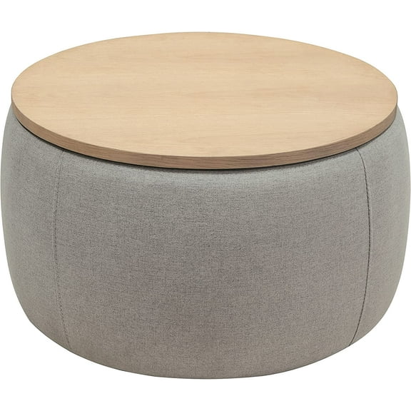 Modern Round Storage Ottoman with Wooden Top,Handmade Luxury Pleated Circle Fabric Storage Ottoman Coffee Table,End Table & Footstool for Living Room(Light Gray)