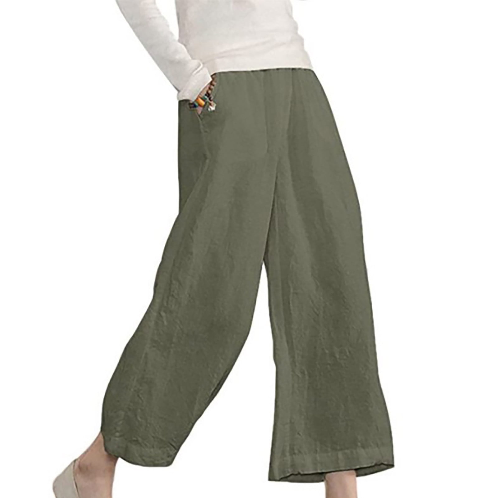 Lastesso Womens Solid Capris Cropped Pants High Waisted Wide Leg Cotton ...