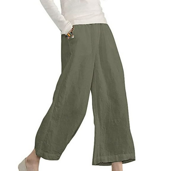 Clearance Fashion Ladys High Waisted Pants Women's Multiple Solid Color Cotton Linen Loose Casual Wide Leg Capris