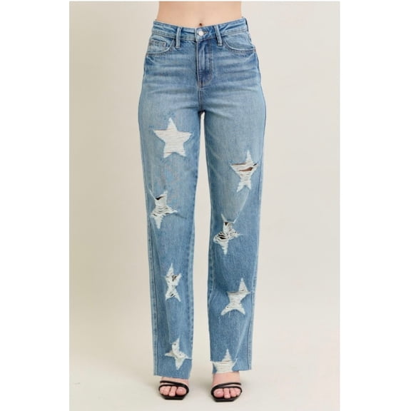 Judy Blue American High Waist Rigid Magic Star Destroy Straight Jeans (28)