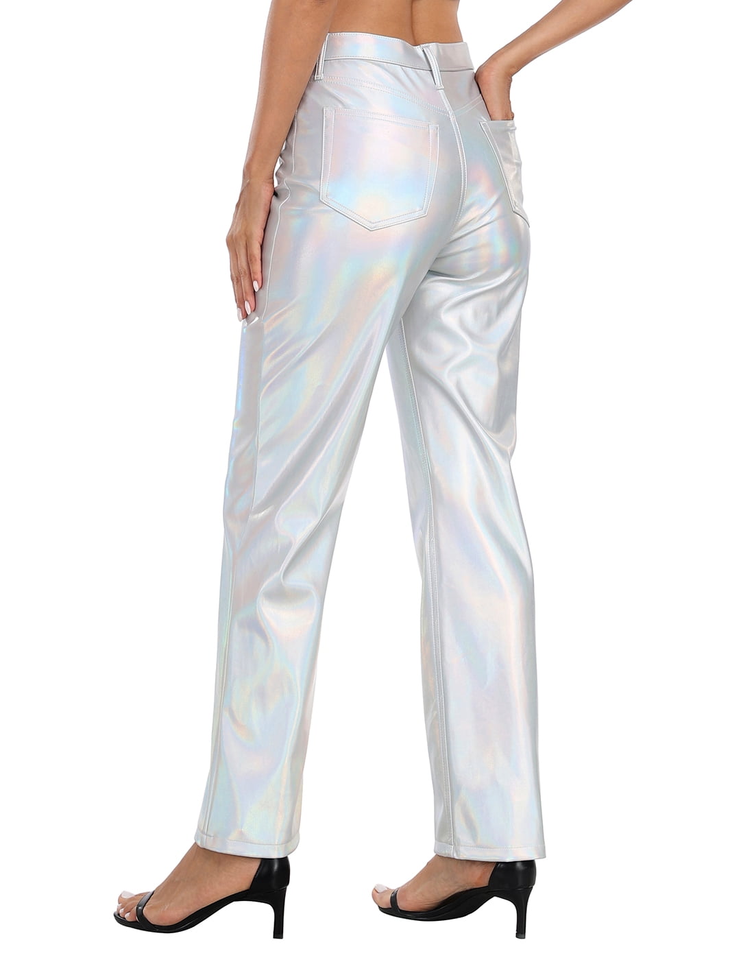 HDE Women's Metallic Faux Leather Pants High Waisted Trousers Holographic 8