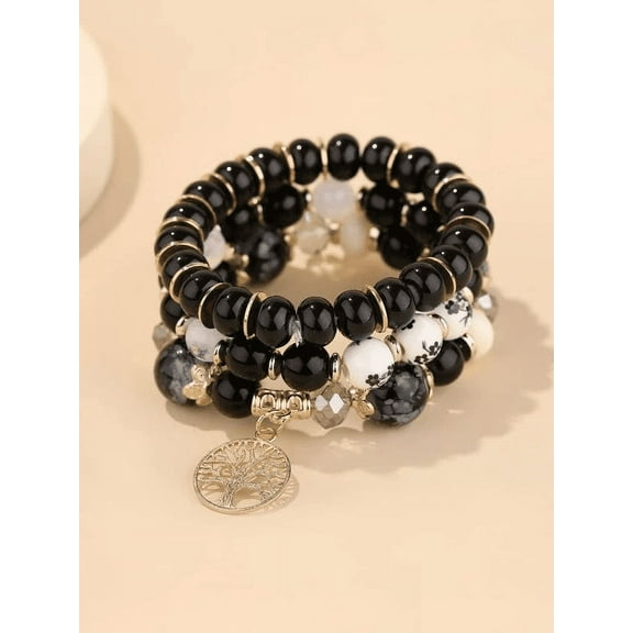 SEARIPE 3 Pcs Beaded Bracelets Set Tree Charm Jewelry Boho Multilayer Stackable Bracelets for Women Girls Black