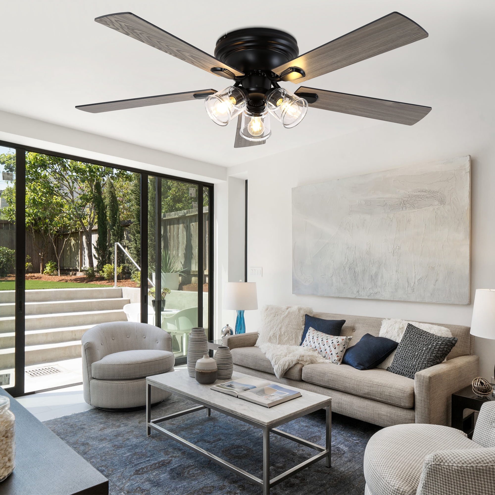 Chords Attic 52" Vintage 5-Blade Flush Mount Ceiling Fan with Lights and Remote Control, Rustic Farmhouse Ceiling Fan for Living Room, Dining Room,Bedroom