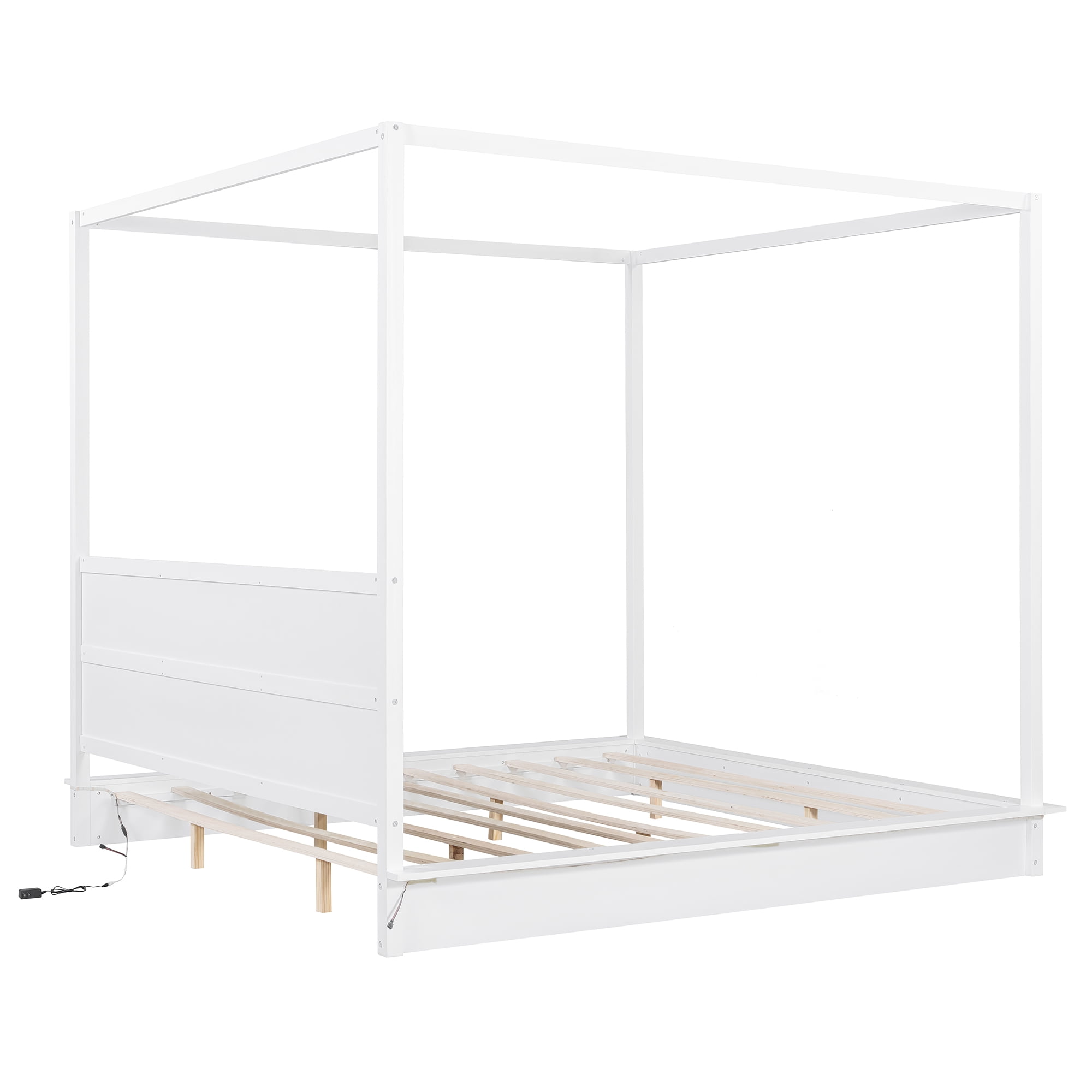 Mintazer King Size LED Canopy Bed with Wood Headboard, Platform Four Poster Bed Frame Easy Assembly, No Box Spring Needed, White