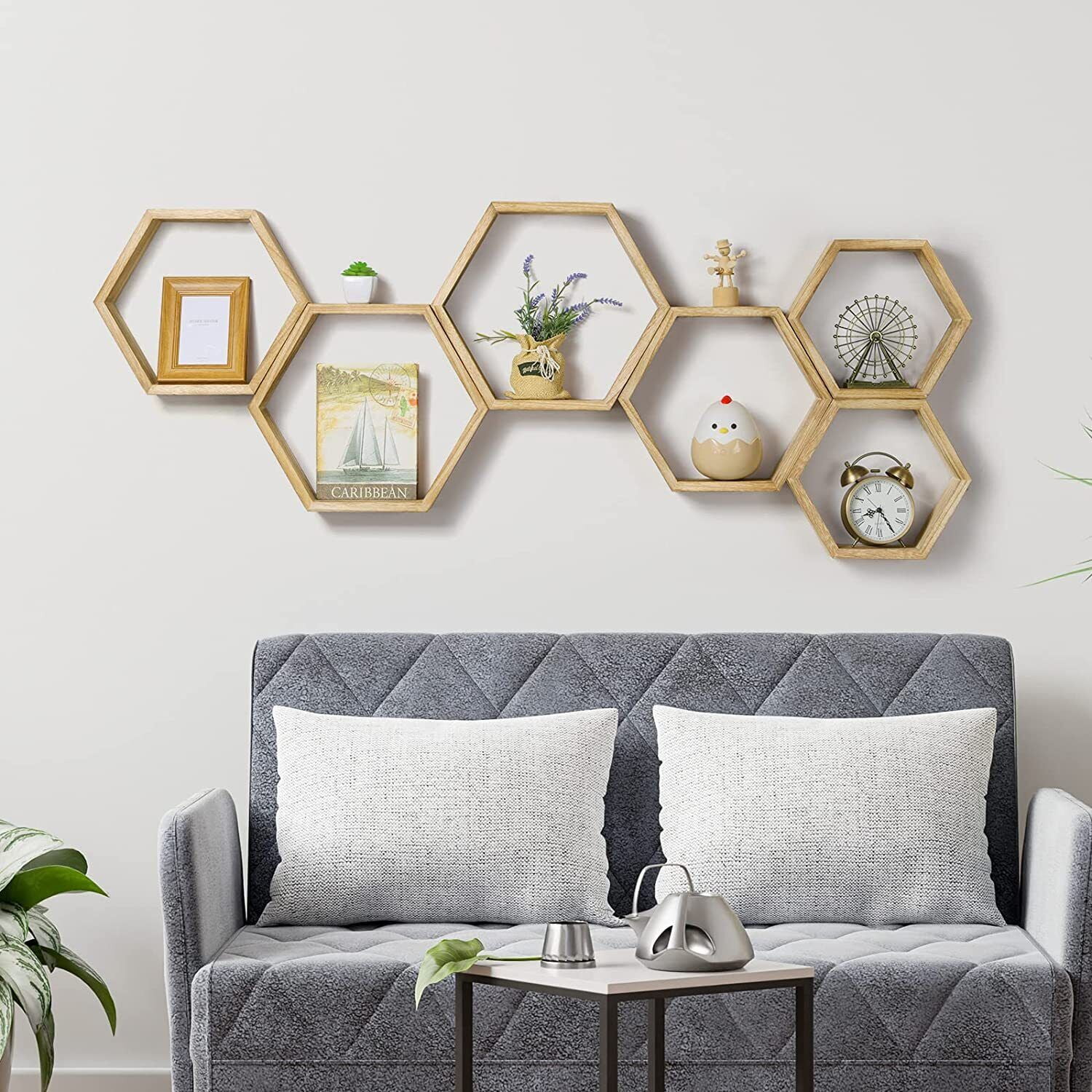 6 Pack Hexagon Shelves Wall Home Decor Wood Floating Shelves for