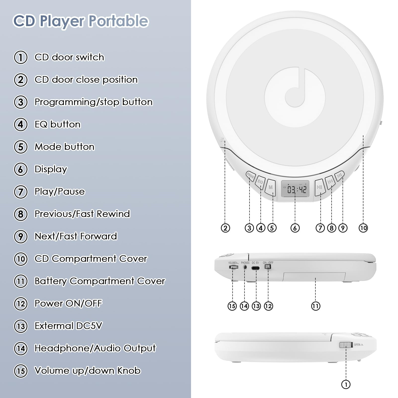 Ooosea CD Player Portable Walkman with Earphones,CD Player for Car Anti-Skip Shockproof,CD Player for Home with Headphones Jack USB AUX LCD,CD Disc