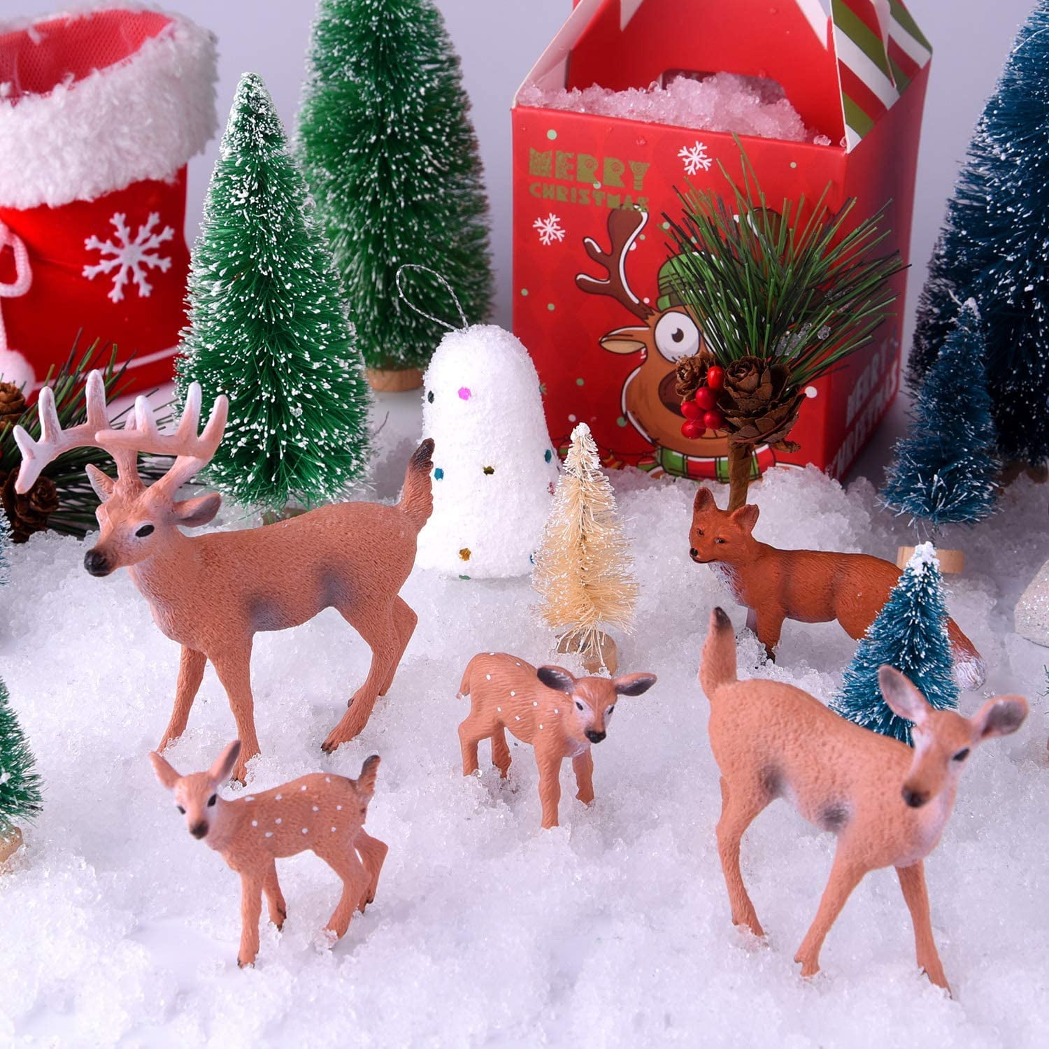 29 Pcs Mini Sisal Trees, Snow Frost Trees with Miniature Figures Woodland Animals Deer Fox, Table Top Crafts DIY Room Decor Mini Christmas Village Decoration, Small Size Trees