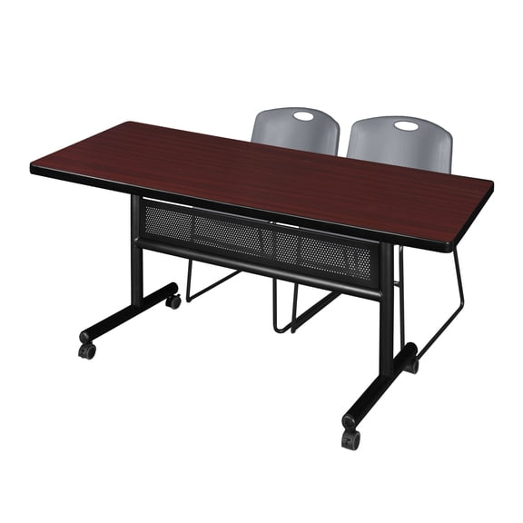 72" x 30" Flip Top Mobile Training Table with Modesty Panel- Mahogany and 2 Zeng Stack Chairs- Grey