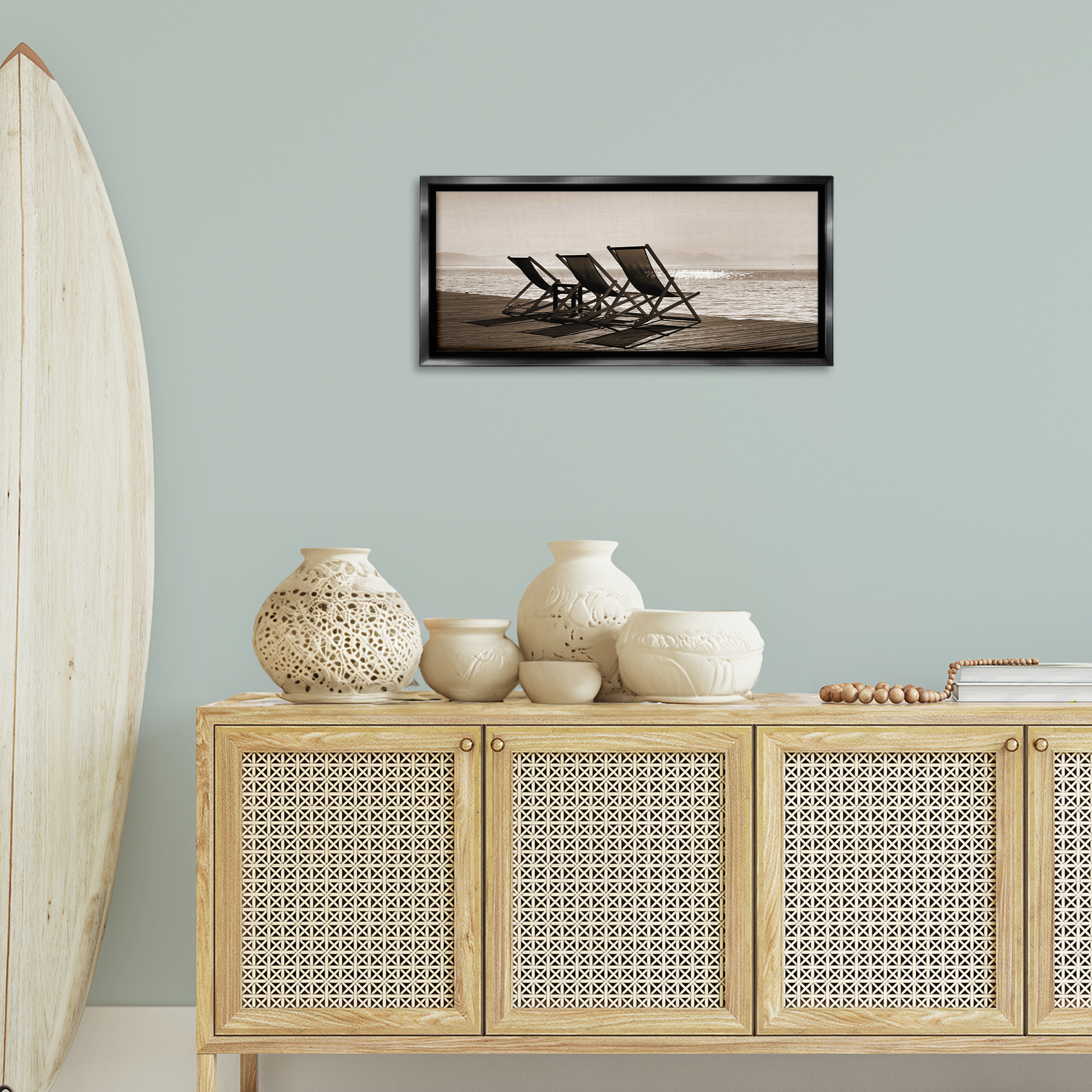 Stupell Industries On Deck Beach Chairs Coastal Photography Black Floater Framed Canvas Art Print Wall Art, 31 x 14