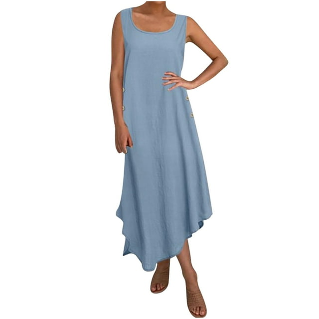 QIPOPIQ Robe d'Été 2024 pour Femme Nouvelle Robe Soleil Coton Lin Couleur Unie Bouton Robe Évasée Irrégulière Jupe Longue Liquidation