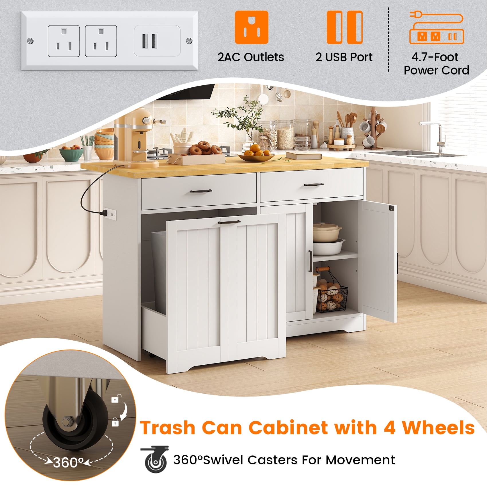HAUXITIO Kitchen Island with Drop Leaf,Power Outlet & LED Lights,Stationary with Hidden Casters Islands Table for Kitchen,Dining Room,White