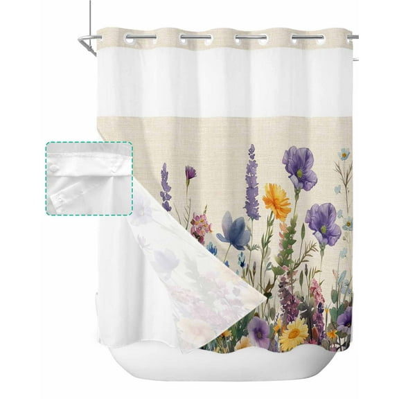 No Hook Shower Curtain with Snap in Liner, Poppy Lavender Daisy Flowers Watercolor Floral Retro Linen Shower Curtains for Bathroom, Washable Shower Curtain Liner Set with Mesh Top Window, 72"x72"