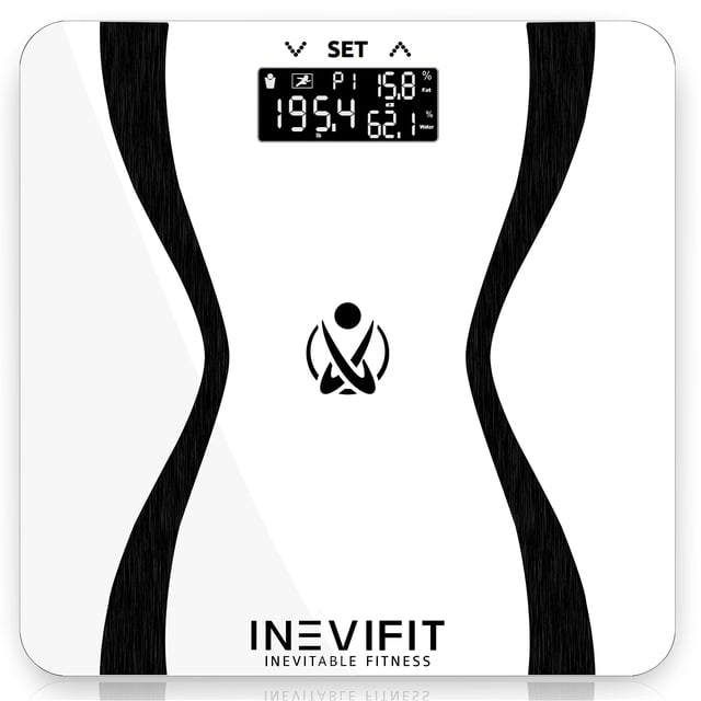 Báscula corporal INEVIFIT, analizador digital de composición corporal de alta precisión para baño. Mide peso, grasa corporal, agua, masa muscular y ósea para 10 usuarios. Incluye pilas.