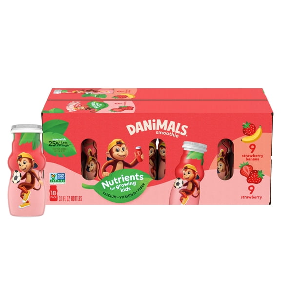 Danimals Smoothie Strawberry and Strawberry Banana Low Fat Dairy Drink Smoothie Bottles, Multi-Pack, 3.1 fl oz, 18 Count​