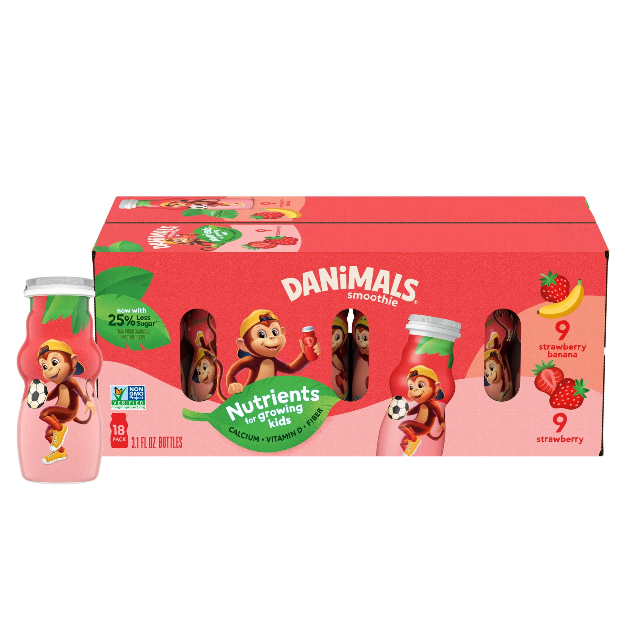 Danimals Smoothie Strawberry and Strawberry Banana Low Fat Dairy Drink Smoothie Bottles, Multi-Pack, 3.1 fl oz, 18 Count