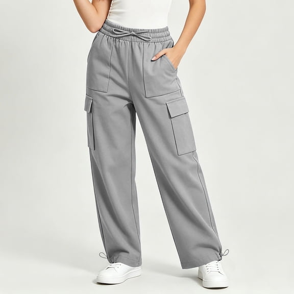 Cagogo Women Plus Size Wide Leg High Waisted Cargo Pants with Pockets Casual Solid Loose Long Trousers Activewear Workout Streetwear Y2K Baggy Pants, Gray L