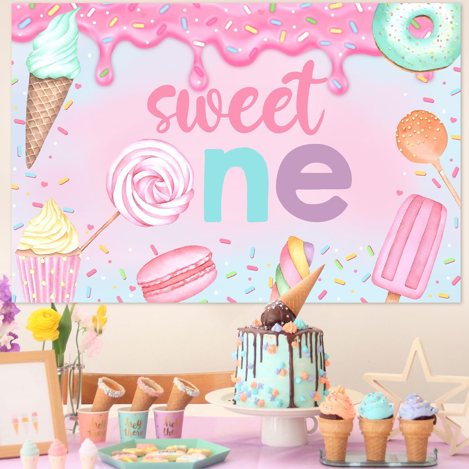 Funmemoir Sweet One Monthly Photo Banner – Donut & Eiscreme Design, Für 1. Geburtstag, Mit Klebepunkten