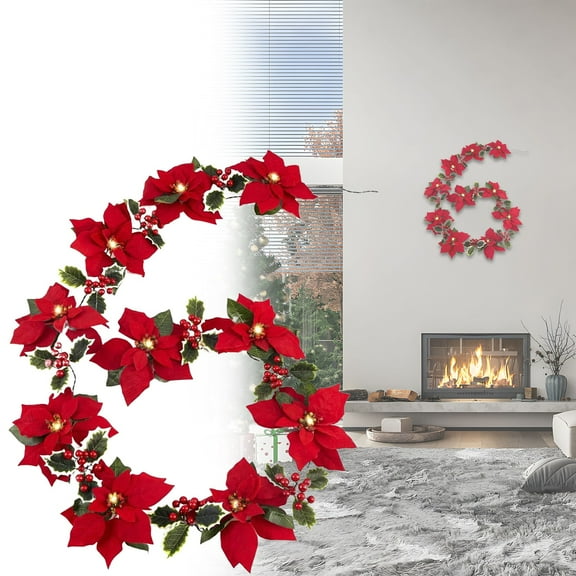 CoreLiving Poinsettia Garland with Lights, 6.5 FT Lighted Artificial Poinsettia Garland with Red Flowers and Berries, Battery Operated Christmas Flower String Lights for Xmas New Year Home Décor