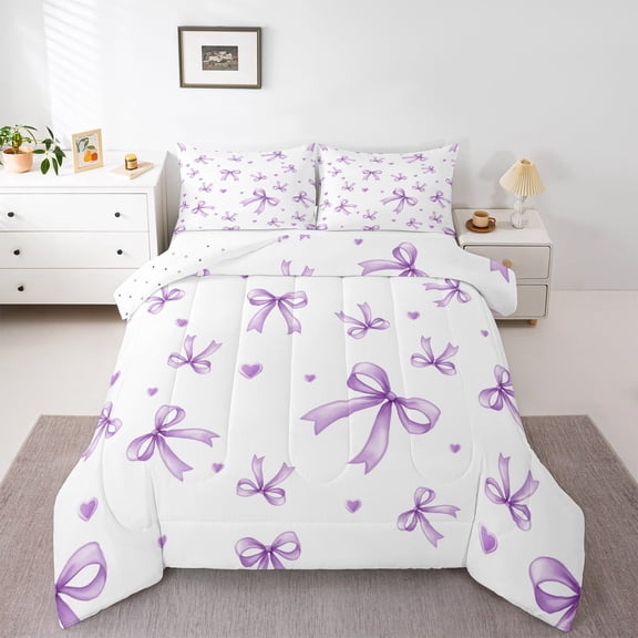Feelyou Girly Purple Bowknot Bedding Comforter Set, Cartoon Princess Bowknot Twin Comforter Sets, Teen Boy Girl Kid Reversible Bedding Set, Lightweight Room Decor, 2-Piece