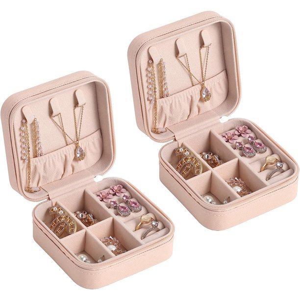Caja pequeña, mini organizador de viaje, caja de almacenamiento portátil para mujeres y niñas, pendientes, anillos, collares, pulseras, accesorios, rosa, paquete de 2, color rosa esquí esquí Gafas de esquí