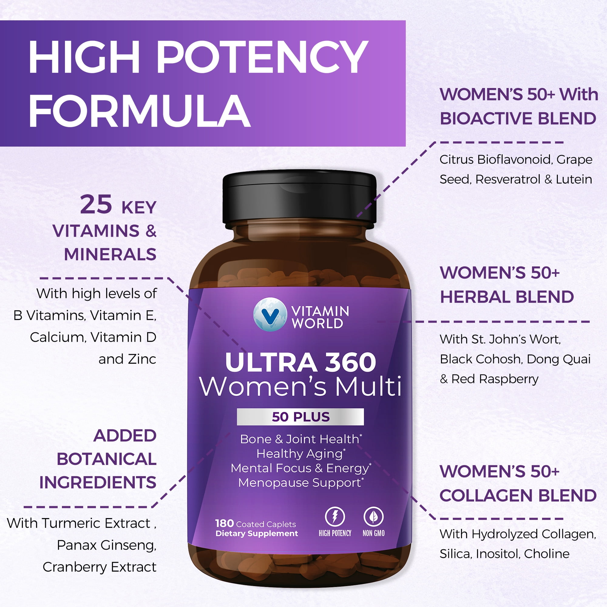 Vitamin World Ultra 360 Multivitamin for Women 50 Plus, Women's 50+ Multivitamin with Minerals & Herbs for Menopause Support, Supplement with Vitamin B, D, E & Zinc for Healthy Aging, 180 Caplets