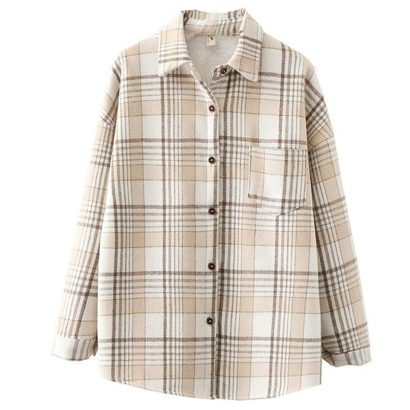 Womens Casual Flannel Shirts Wool Blend Plaid Lapel Button Down Long Sleeve Shacket Jacket Coat Loose Comfy Shirts