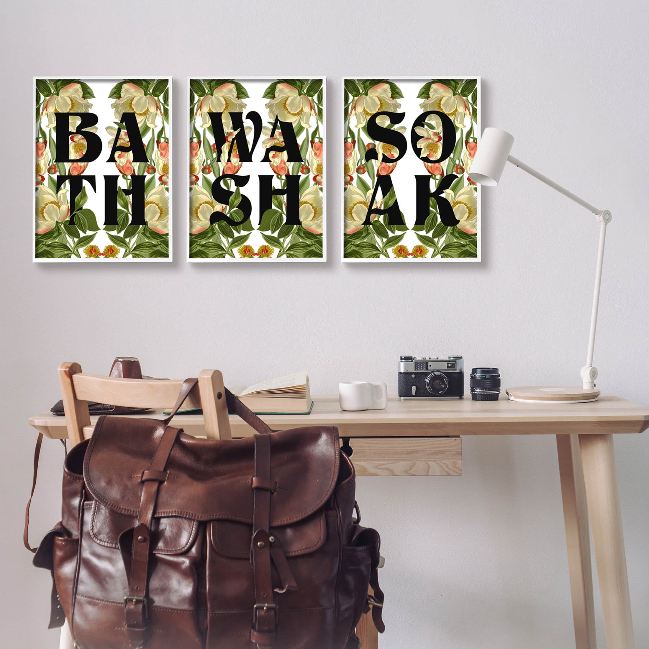 Bath Wash Soak Floral Bathroom Botanical & Floral Graphic Art White Framed Art Print Wall Art, Set of 3